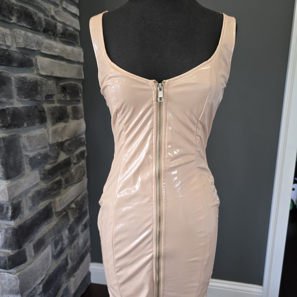 Fashion Nova Nude Patent Zip-Front Dress